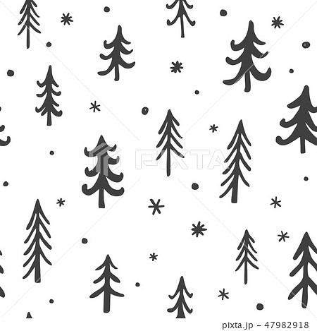 Seamless stylish pattern with cute hand drawn pine trees. Vector Outline illustration, Grey and 47982918