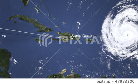 Route of a commercial plane flying to Santo Domingo, Dominican Republic on the map. 3D rendering 47983300
