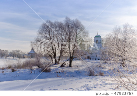 Orthodox church near by river. Pskov. Winter. Russia. 47983767