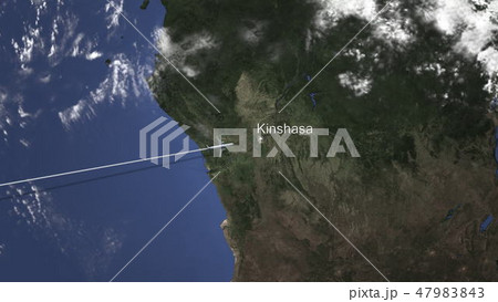 Route of a commercial plane flying to Kinshasa, Democratic republic of the congo on the map. 3D Route of a commercial plane flying to Kinshasa, Democratic republic of the congo on the map. 3D 47983843