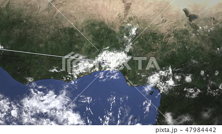 Plane arriving to Ibadan, Nigeria from west, 3D rendering  47984442