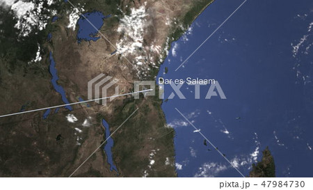 Airliner flying to Dar Es Salaam, Tanzania from west. 3D rendering 47984730