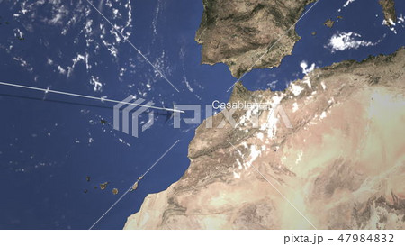 Airplane flying to Casablanca, Morocco on the map. 3D rendering  47984832