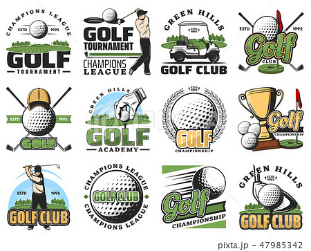 Golf game, sport equipment and trophy cup icons Golf game, sport equipment and trophy cup icons 47985342