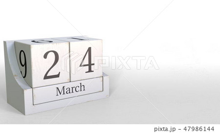 Cube calendar shows March 24 date. 3D rendering 47986144