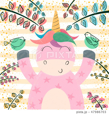 Cute unicorn in the magic forest. Cute unicorn in the magic forest. 47986703