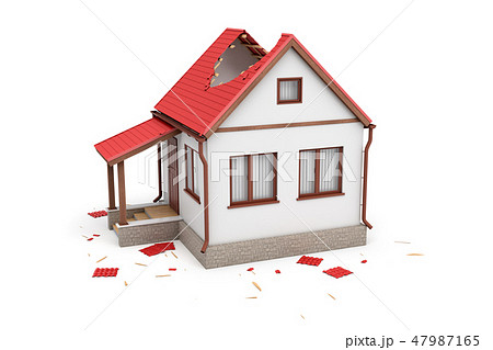 3d rendering of a private white house with damaged red roof isolated on white background 47987165