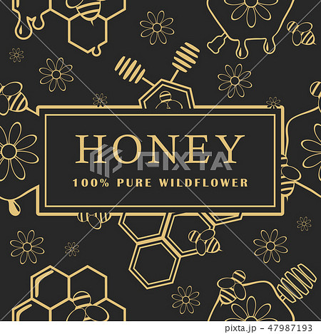 Seamless pattern with honey, bee and flowers. Design elements. Vector illustrations. 47987193