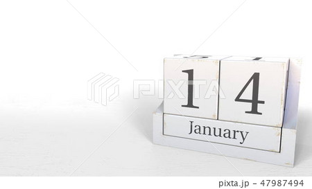 Wooden blocks calendar shows January 14 date, 3D rendering 47987494