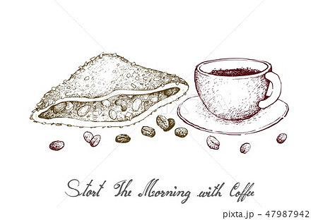 Hand Drawn of Hot Coffee with Crispy Sandwich Hand Drawn of Hot Coffee with Crispy Sandwich 47987942