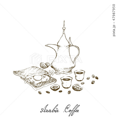 Hand Drawn of Arabic Coffee with Sandwich 47987950