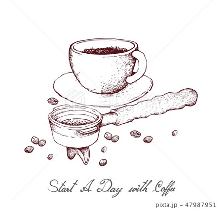 Hand Drawn of Hot Coffee with Portafilter 47987951