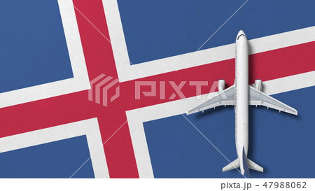 Top-down view of the airplane on the flag of Iceland. Tourism related conceptual 3D rendering Top-down view of the airplane on the flag of Iceland. Tourism related conceptual 3D rendering 47988062