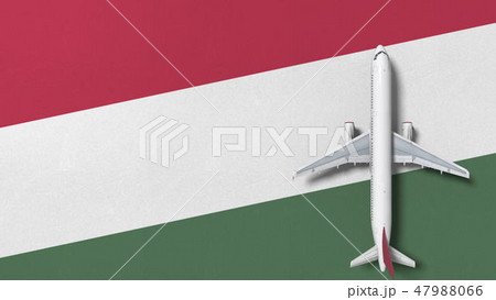 Airplane on the flag of Hungary. Flights related conceptual 3D rendering  47988066