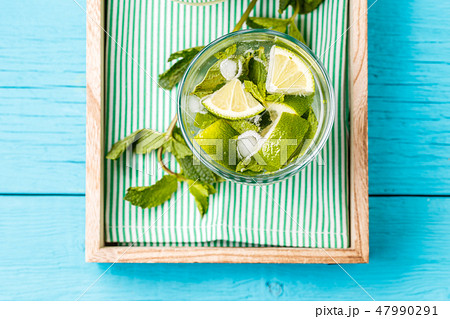 Two glasses of mojito in wooden box with mint 47990291