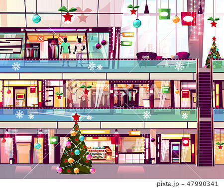 Christmas mall shops escalator illustration 47990341