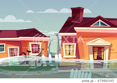 House in flood deluge water flow in street 47990345