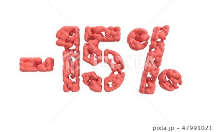 The sign -15off. Made of living coral pink material isolate on white background. 3d illustration 47991021