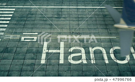 Aerial view of an airplane arriving to Hanoi airport. Travel to Vietnam 3D rendering 47996766