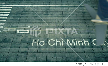 Aerial view of an airplane arriving to Ho Chi Minh City airport. Travel to Vietnam 3D rendering 47996810
