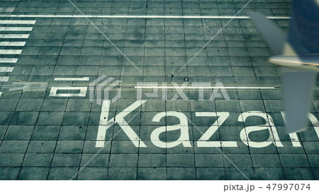 Aerial view of an airplane arriving to Kazan airport. Travel to Russia 3D rendering Aerial view of an airplane arriving to Kazan airport. Travel to Russia 3D rendering 47997074