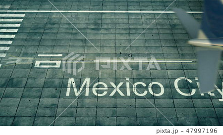 Aerial view of an airplane arriving to Mexico City airport. Travel to Mexico 3D rendering 47997196