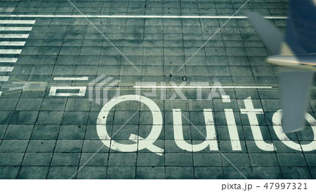 Aerial view of an airplane arriving to Quito airport. Travel to Ecuador 3D rendering Aerial view of an airplane arriving to Quito airport. Travel to Ecuador 3D rendering 47997321