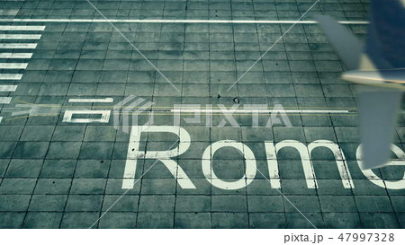 Aerial view of an airplane arriving to Rome airport. Travel to Italy 3D rendering 47997328