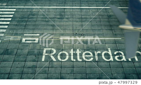 Aerial view of an airplane arriving to Rotterdam airport. Travel to Netherlands 3D rendering Aerial view of an airplane arriving to Rotterdam airport. Travel to Netherlands 3D rendering 47997329