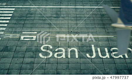Aerial view of an airplane arriving to San Juan airport. Travel to Puerto Rico 3D rendering 47997737