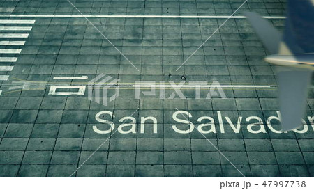 Aerial view of an airplane arriving to San Salvador airport. Travel to El Salvador 3D rendering 47997738