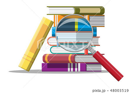 Pile of books and magnifying glass. 48003519