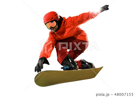 Portrait of young man in sportswear with snowboard isolated on a white background. Portrait of young man in sportswear with snowboard isolated on a white background. 48007155