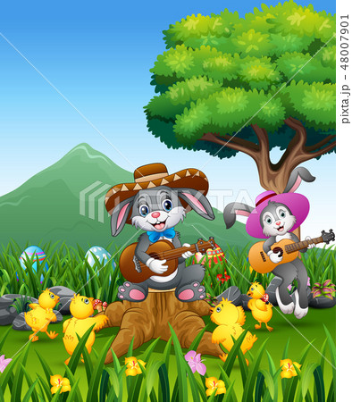 Cute bunnies relax playing guitar with a nature Cute bunnies relax playing guitar with a nature 48007901