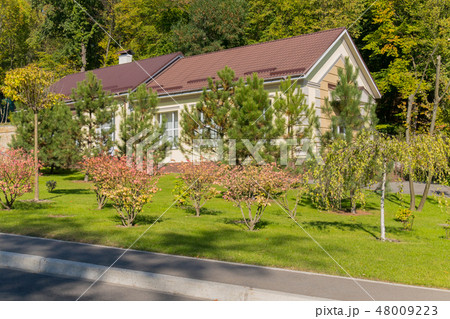 A modern house with a tiled roof near tall trees w A modern house with a tiled roof near tall trees w 48009223