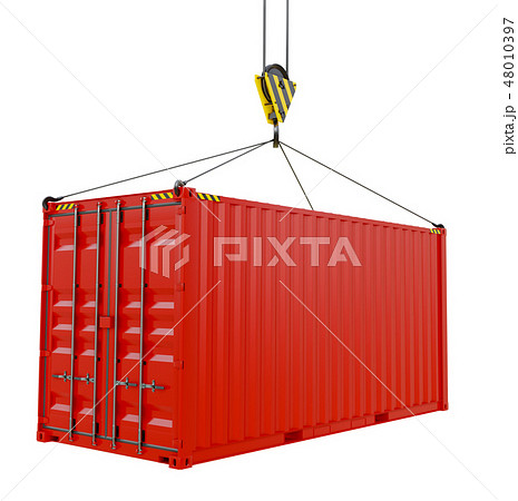 Red cargo container hoisted by hook 48010397
