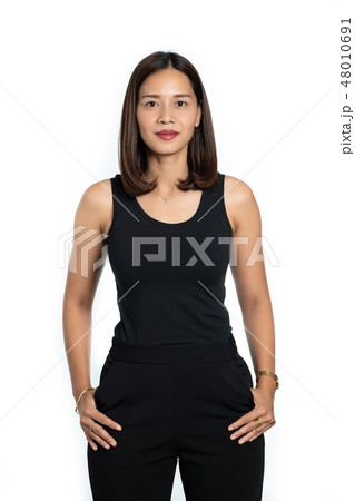 Portrait of  a asian beautiful woman Skin Tanned in a black dres 48010691