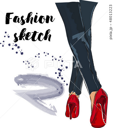 Cute hand drawn legs in red court shoes. Fashion accessories. Sketch 48013223