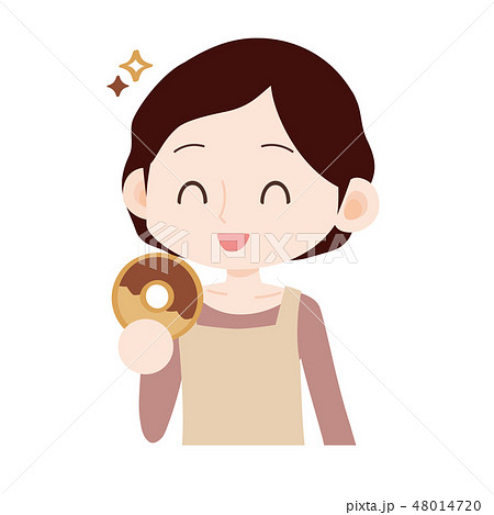 ドーナツを食べるエプロン母 嬉しそうのイラスト素材