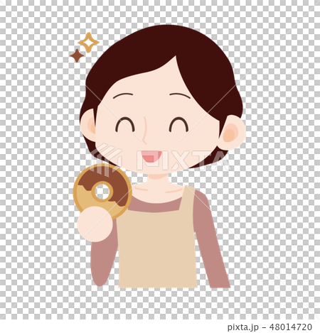 ドーナツを食べるエプロン母 嬉しそう ドーナツを食べるエプロン母 嬉しそう 48014720