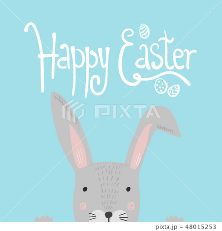 Bright blue Happy Easter poster with cute rabbit 48015253
