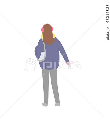Standing Back Brunette Woman in Blue Jacket Vector 48015388