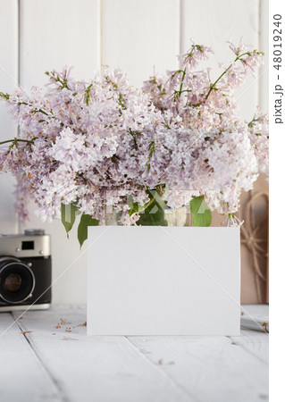 Blank white greeting card with lilac flowers. 48019240