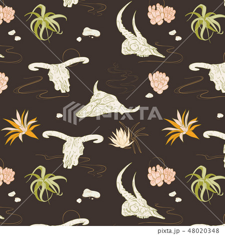 Boho style illustration with animal skulls and desert plants. Succulents on the sands and bones Boho style illustration with animal skulls and desert plants. Succulents on the sands and bones 48020348