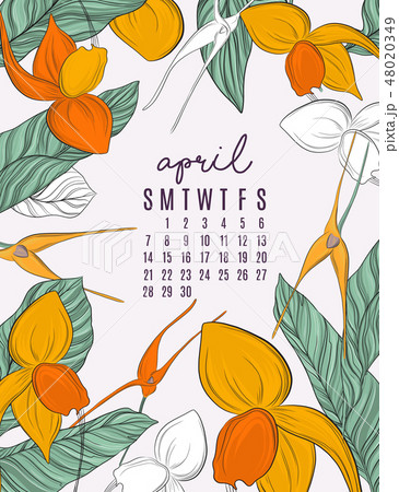 Vector printable 2019 calendar templates for april. Jungle flowers and leaves contrast illustration 48020349