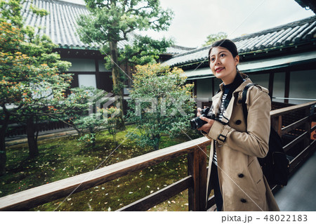 backpackers taking photo in japanese garden 48022183