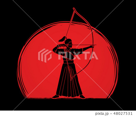 Woman bowing Kyudo graphic vector. Woman bowing Kyudo graphic vector. 48027531