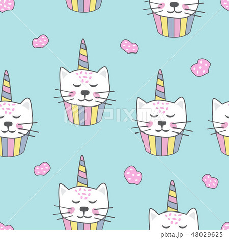 Childish seamless pattern with cute cat unicorn cupcake. Creative texture for textile, wallpaper Childish seamless pattern with cute cat unicorn cupcake. Creative texture for textile, wallpaper 48029625