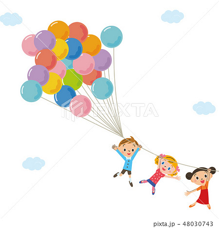 風船を持って飛んでる子供のイラスト素材