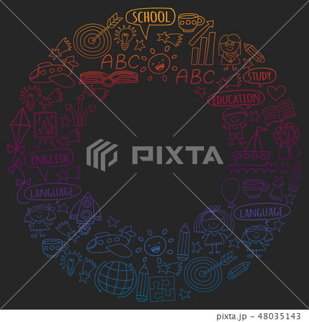 Vector set of learning English language, children's drawing icons in doodle style. Painted, colorful Vector set of learning English language, children's drawing icons in doodle style. Painted, colorful 48035143